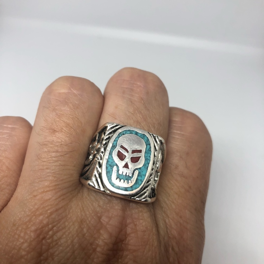 Vintage Turquoise Inlay Skull Ring